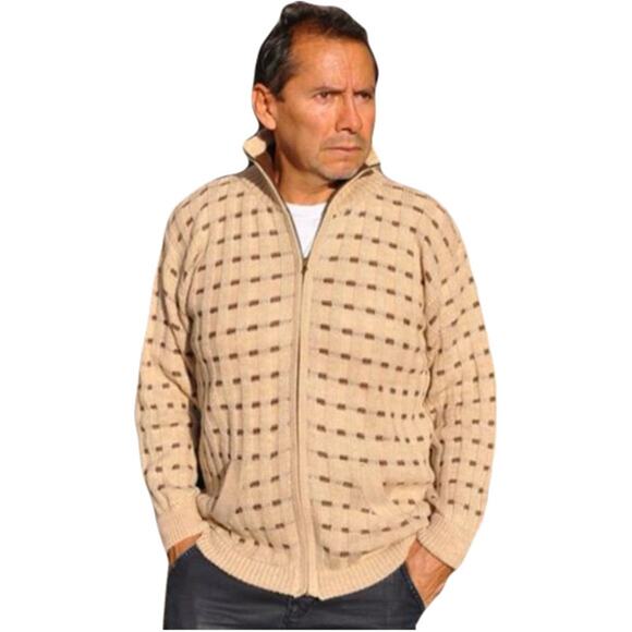 NWOT ALPACA FINA Sweater Men~XXL Alpaca Wool Beige Brown Plaid Mock Zip Long-Slv